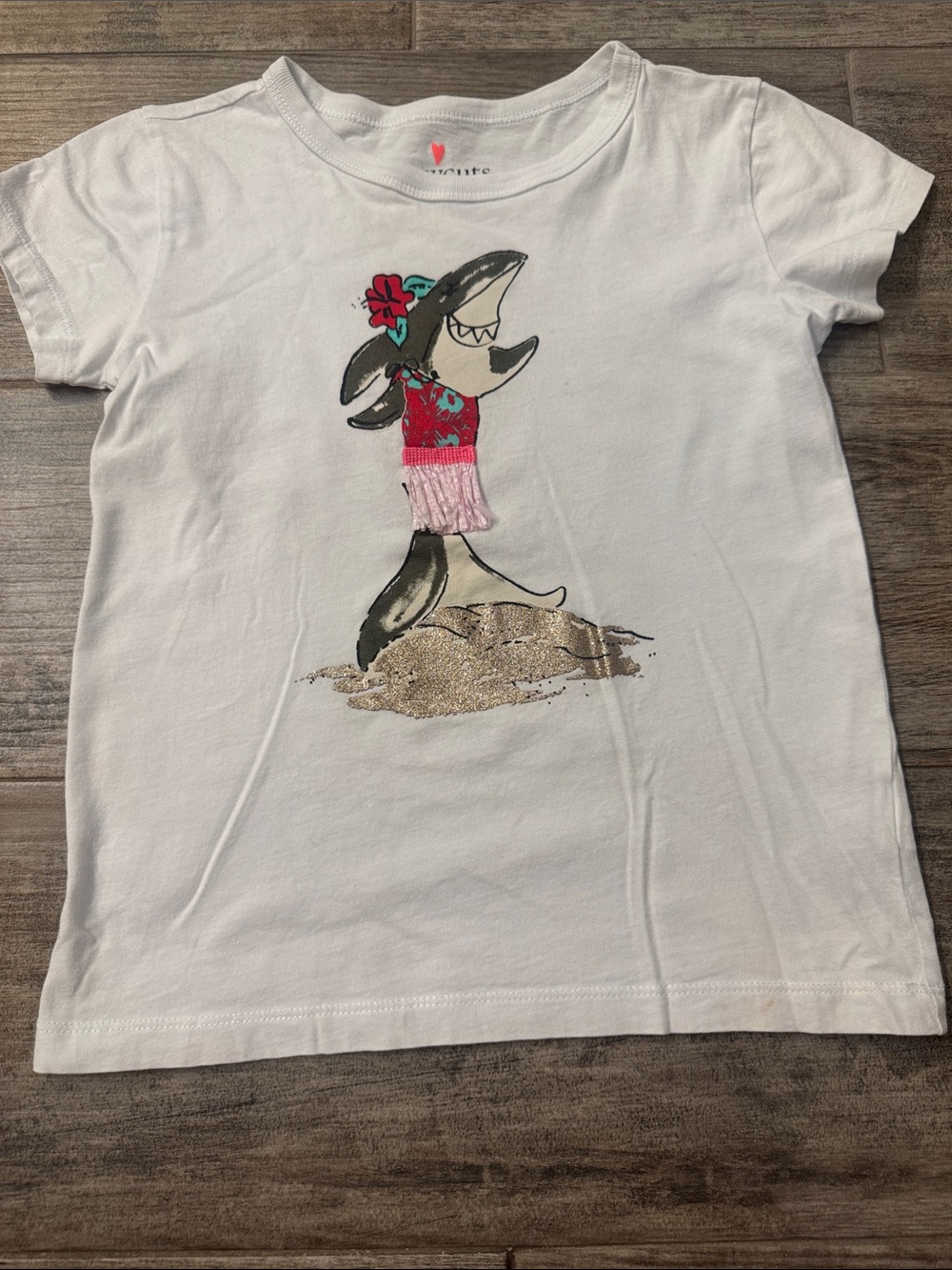 Crewcuts White Short-Sleeve Tee with Beach Shark Graphic and Pink Tassel